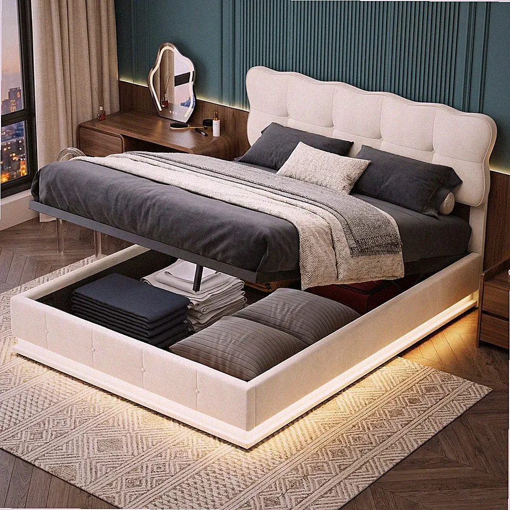 Polsterbett 160 x 200 cm Doppelbett Stauraumbett LED Bettgestell Lattenrost Bett