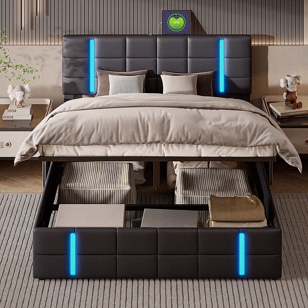 Polsterbett 160 x 200 mit LED Beleuchtung und Ladestation, Doppelbett PU Schwarz