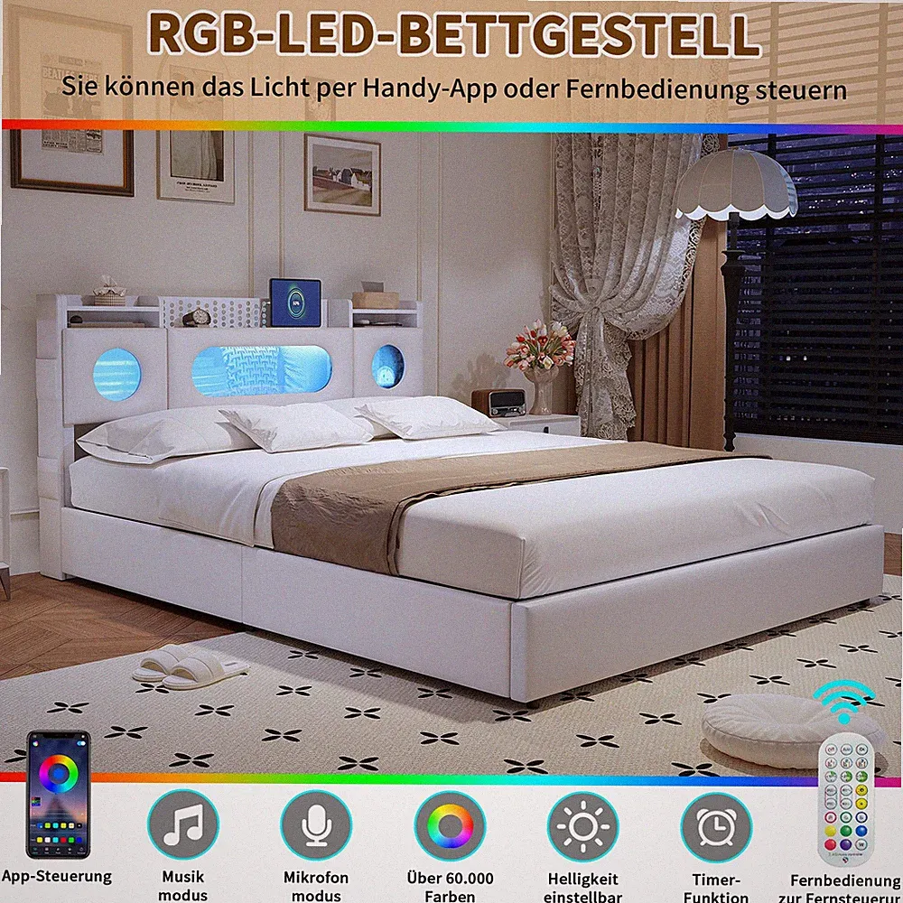 Polsterbett 160x200 Boxspringbett Doppelbett USB/LED Bettgestell Lattenrost Bett