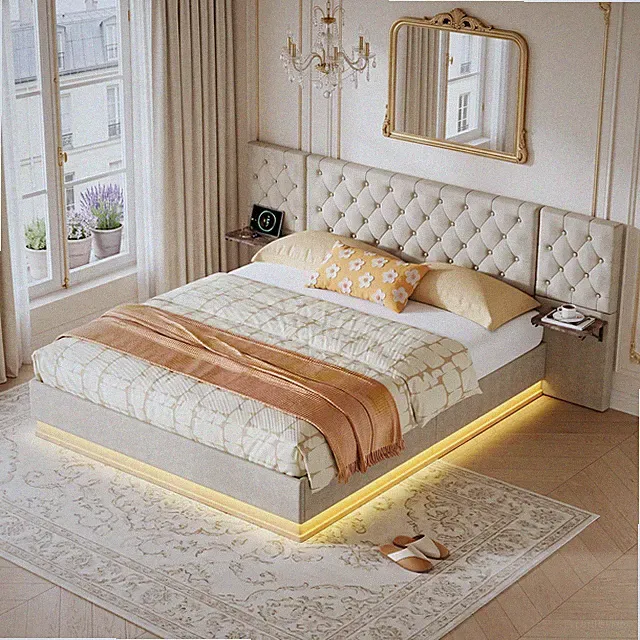 Polsterbett 160x200 cm Boxspringbett mit LED/USB Stauraum Lattenrost Bettkasten