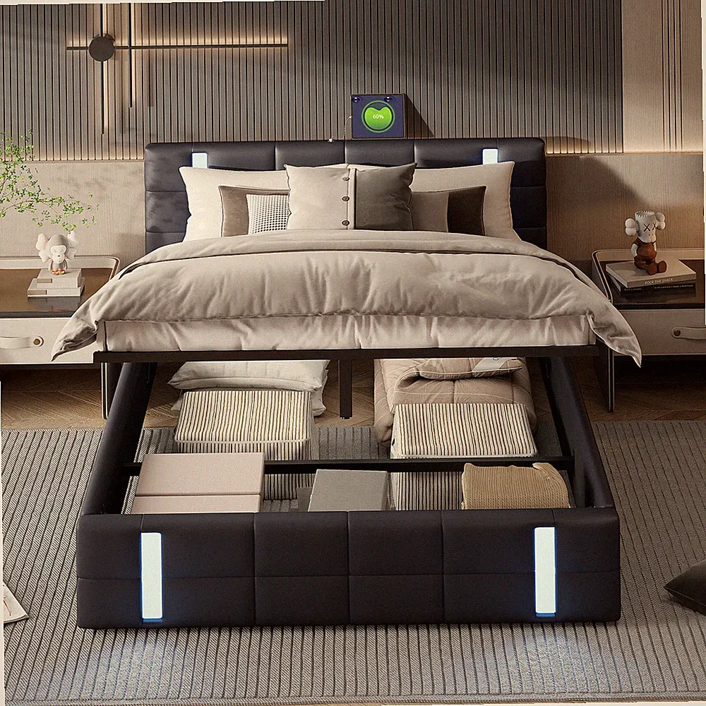 Polsterbett 160x200 cm Doppelbett Bettgestell mit Bettkasten USB/ LED Lattenrost