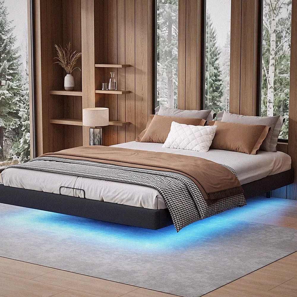 Polsterbett 160x200 cm Doppelbett Bettgestell mit Lattenrost Schwebebett USB LED