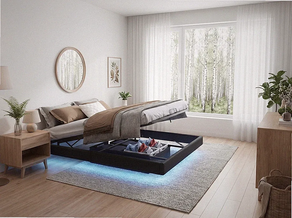 Polsterbett 160x200 cm Doppelbett Bettgestell mit Lattenrost USB LED Schwebebett