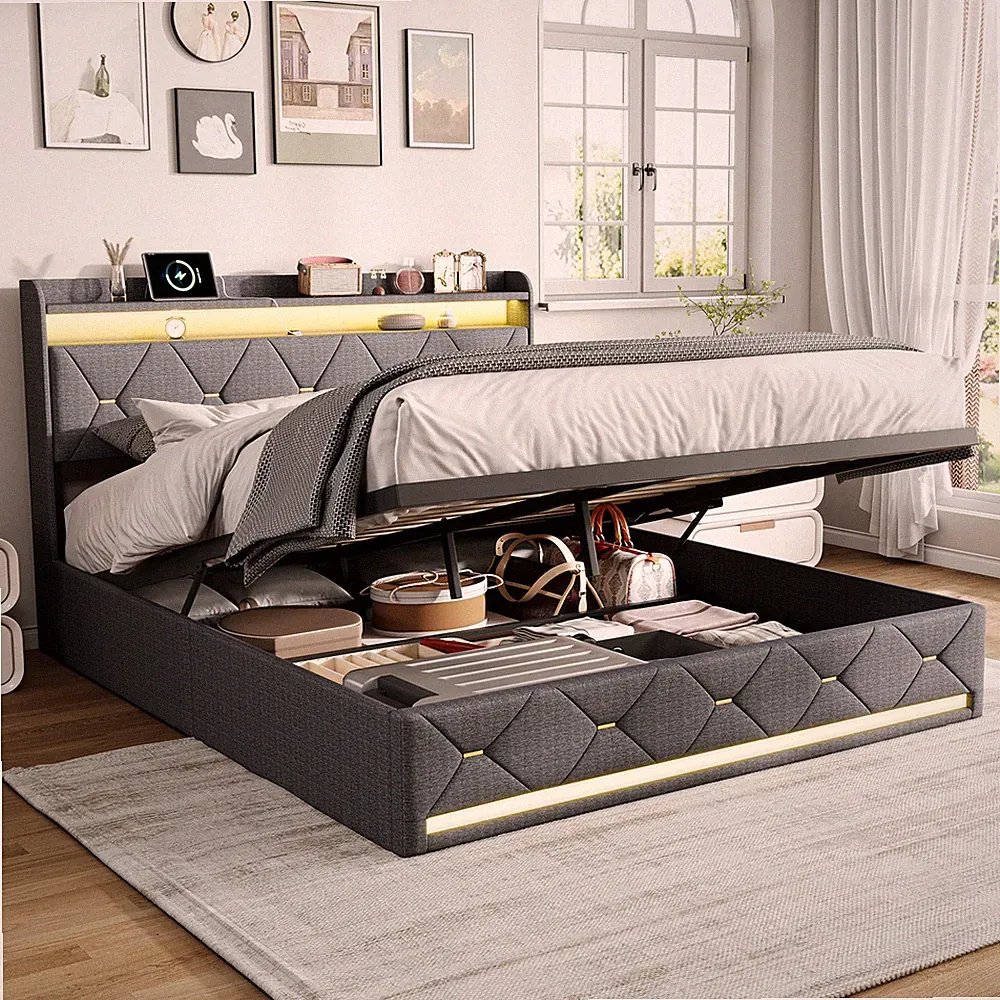 Polsterbett 160x200 cm Doppelbett LED Bettgestell mit Stauraum Lattenrost Bett