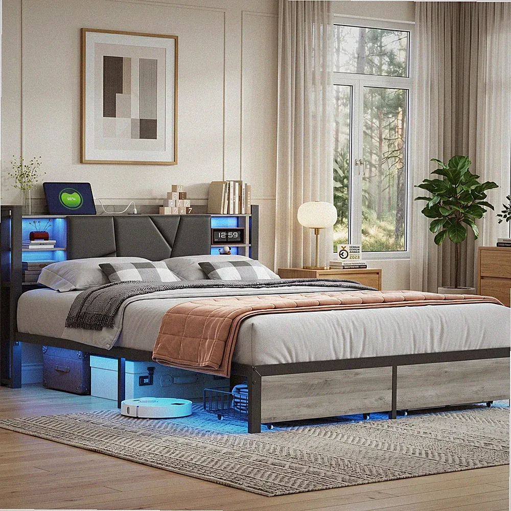 Polsterbett 160x200 cm Doppelbett mit LED Bettgestell Jugendbett mit Lattenrost