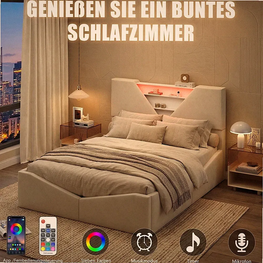 Polsterbett 160x200 cm Doppelbett Stauraumbett Bettrahmen mit Lattenrost und LED
