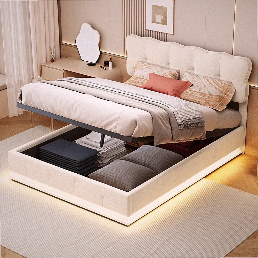 Polsterbett 160x200 cm Doppelbett Stauraumbett LED Bettgestell Lattenrost Bett.