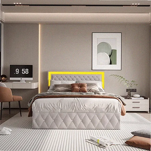 Polsterbett 160x200 cm Lattenrost LED Bettgestell Stauraum Boxspringbett 140x200