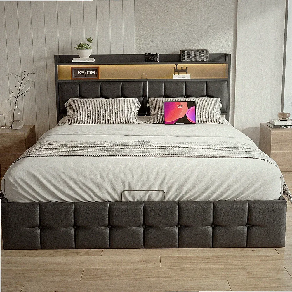 Polsterbett 160x200 cm LED Boxspringbett mit Lattenrost Stauraum Doppelbett USB