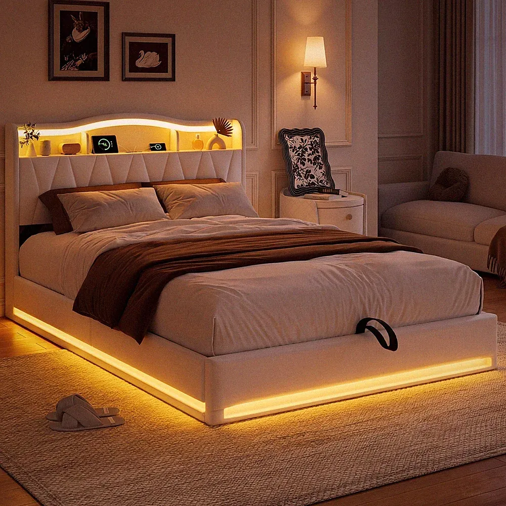 Polsterbett 160x200 cm LED USB-Boxspringbett mit Lattenrost/Stauraum Doppelbett