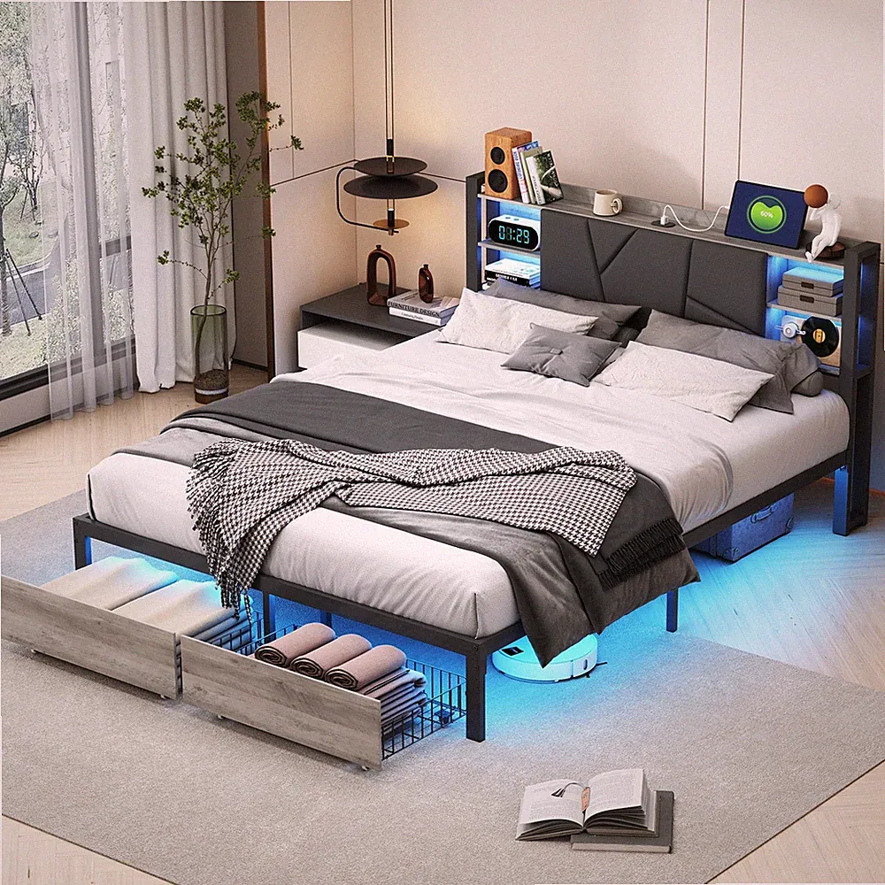 Polsterbett 160x200 cm LED & USB Doppelbett mit Stauraum Lattenrost 2 Schubladen
