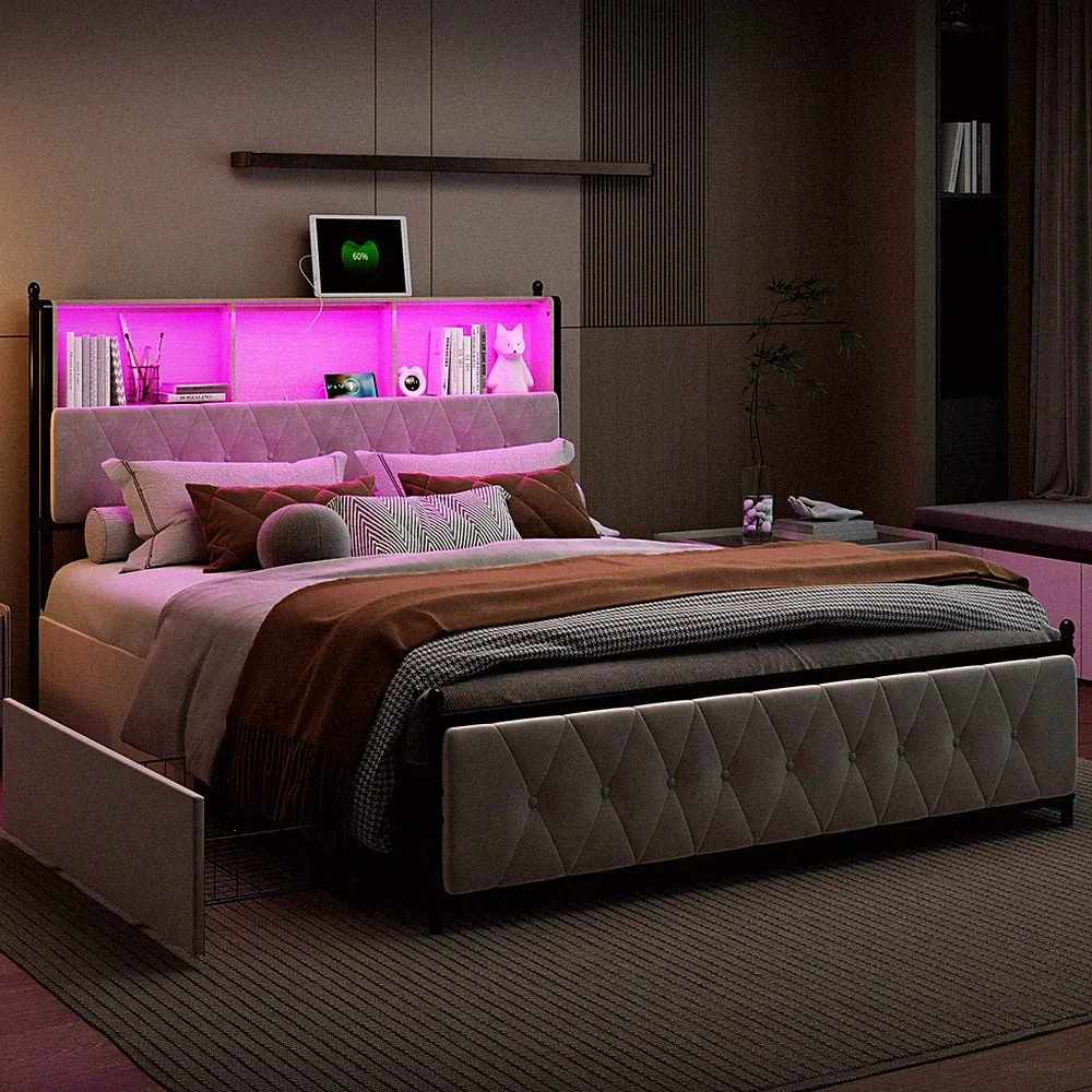 Polsterbett 160x200 cm mit Lattenrost LED USB Stauraum Bettgestell Doppelbett