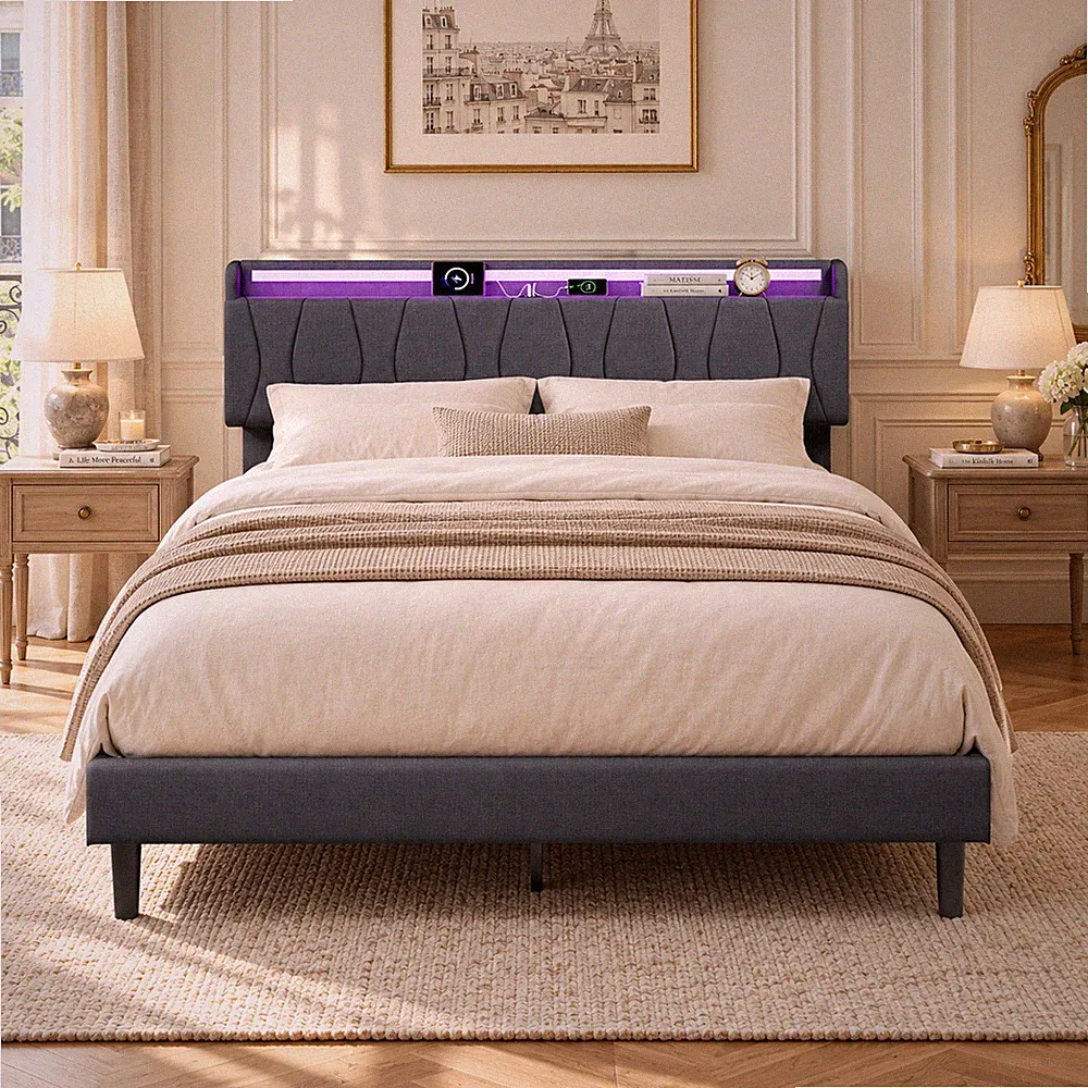 Polsterbett 160x200 cm mit LED/USB,Doppelbett Bettgestell mit Lattenrost Grau