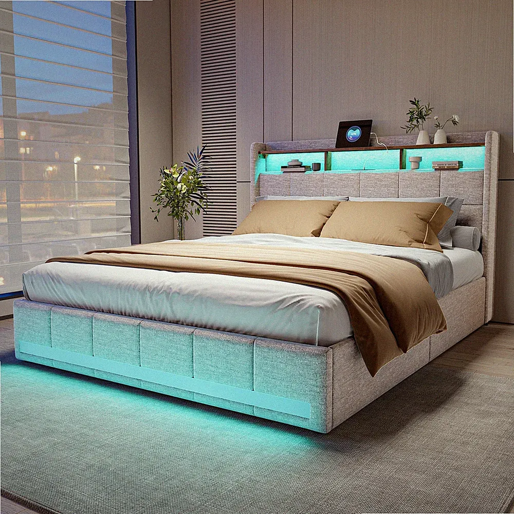 Polsterbett 160x200 cm Stauraumbett Bettgestell mit 4 Schubladen und LED USB