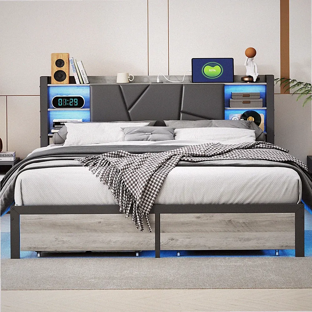 Polsterbett 160x200 Doppelbett 2 Schubladens Boxspringbett LED&USB&Lattenrost