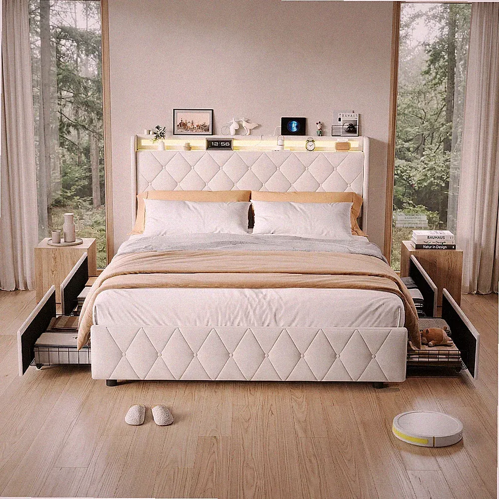 Polsterbett 160x200 mit USB LED Bettgestell Doppelbett mit Lattenrost Stauraum