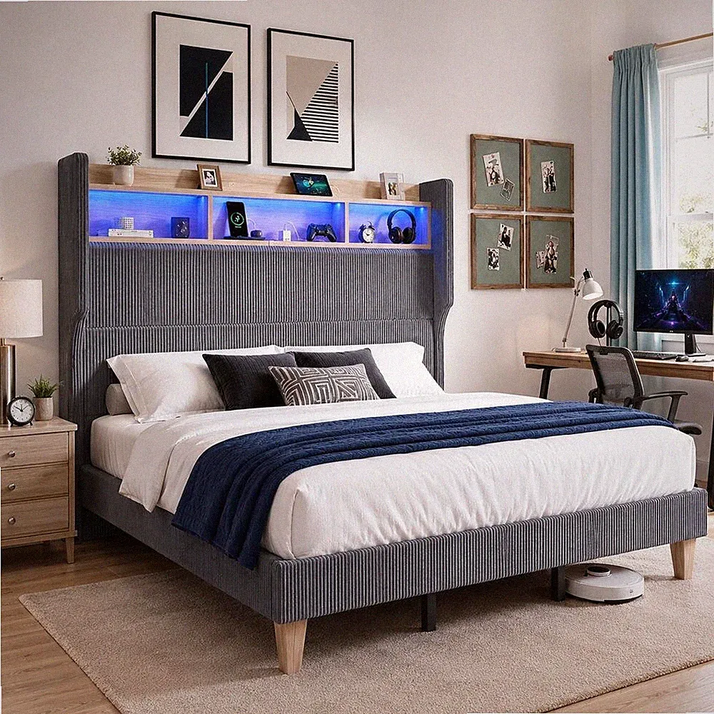 Polsterbett 140x200cm Doppelbett Bettgestell Hohes Kopfteil mit Stauraum LED&USB