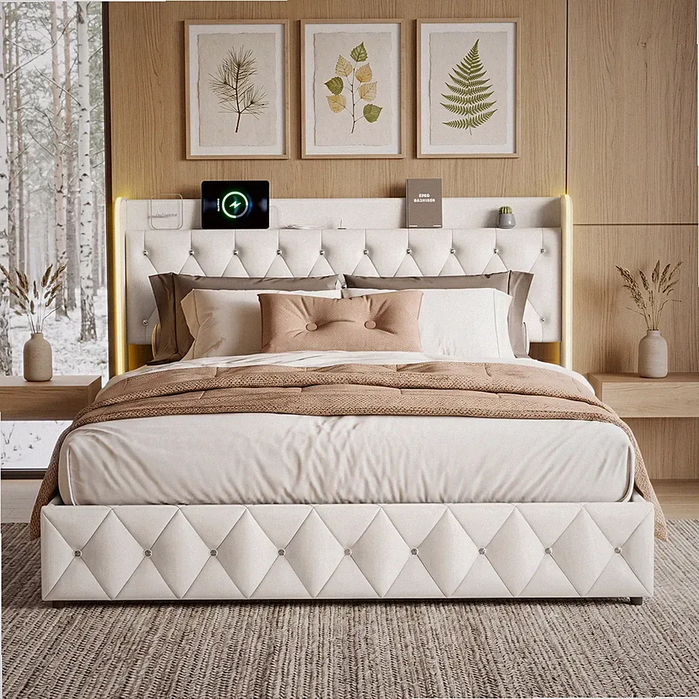 Polsterbett 160x200cm Doppelbett Bettgestell mit Stauraum Bettkasten LED & USB