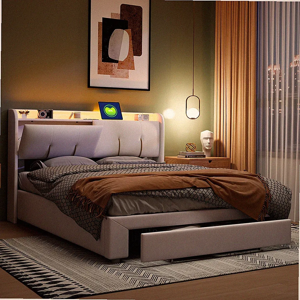 Polsterbett 160x200cm Doppelbett Bettgestell mit USB/LED Lattenrost Stauraumbett