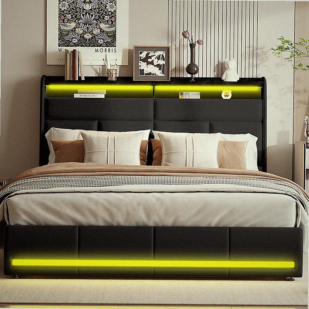 Polsterbett 160x200cm Doppelbett Bettgestell -Stauraumbett mit-Lattenrost & LED