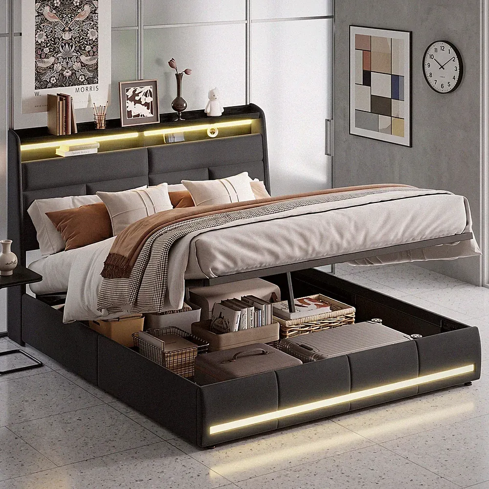 Polsterbett 160x200cm Doppelbett Boxspringbett mit Bettkasten USB/ LED-Licht.