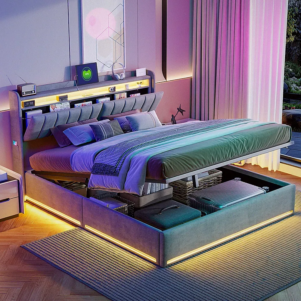Polsterbett 160x200cm Doppelbett Boxspringbett mit Stauraum Lattenrost LED USB
