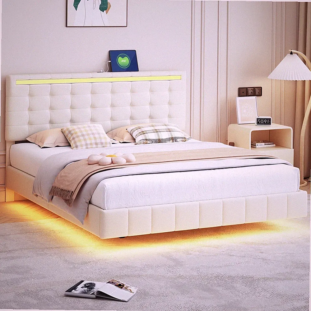Polsterbett 160x200cm Doppelbett LED Bettgestell mit Ladestation Lattenrost Bett