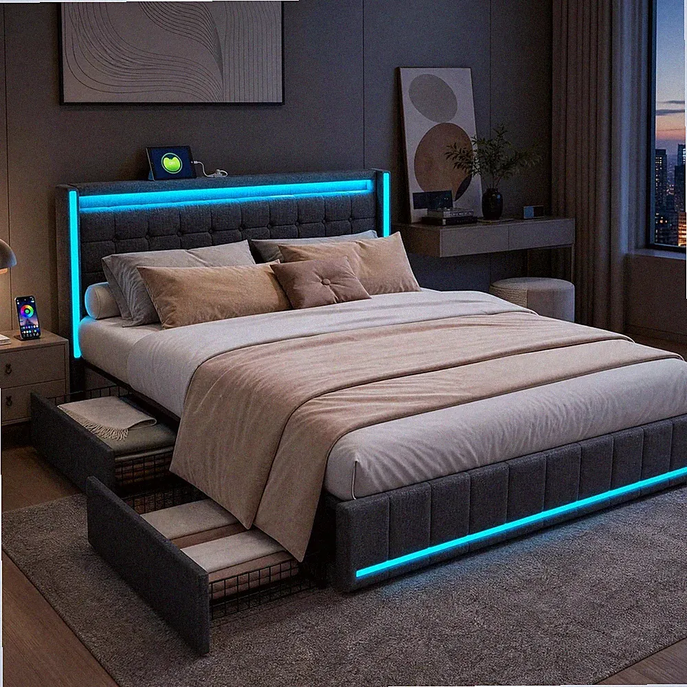 Polsterbett 160x200cm Doppelbett mit 4 Schubladen LED&USB Bettgestell Lattenrost