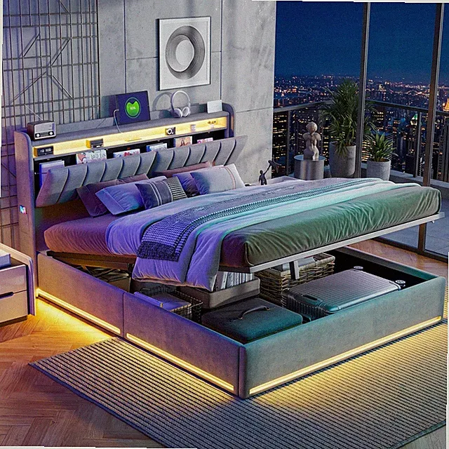 Polsterbett 160x200cm Doppelbett mit Hydraulisches LED/USB Bettkasten Lattenrost
