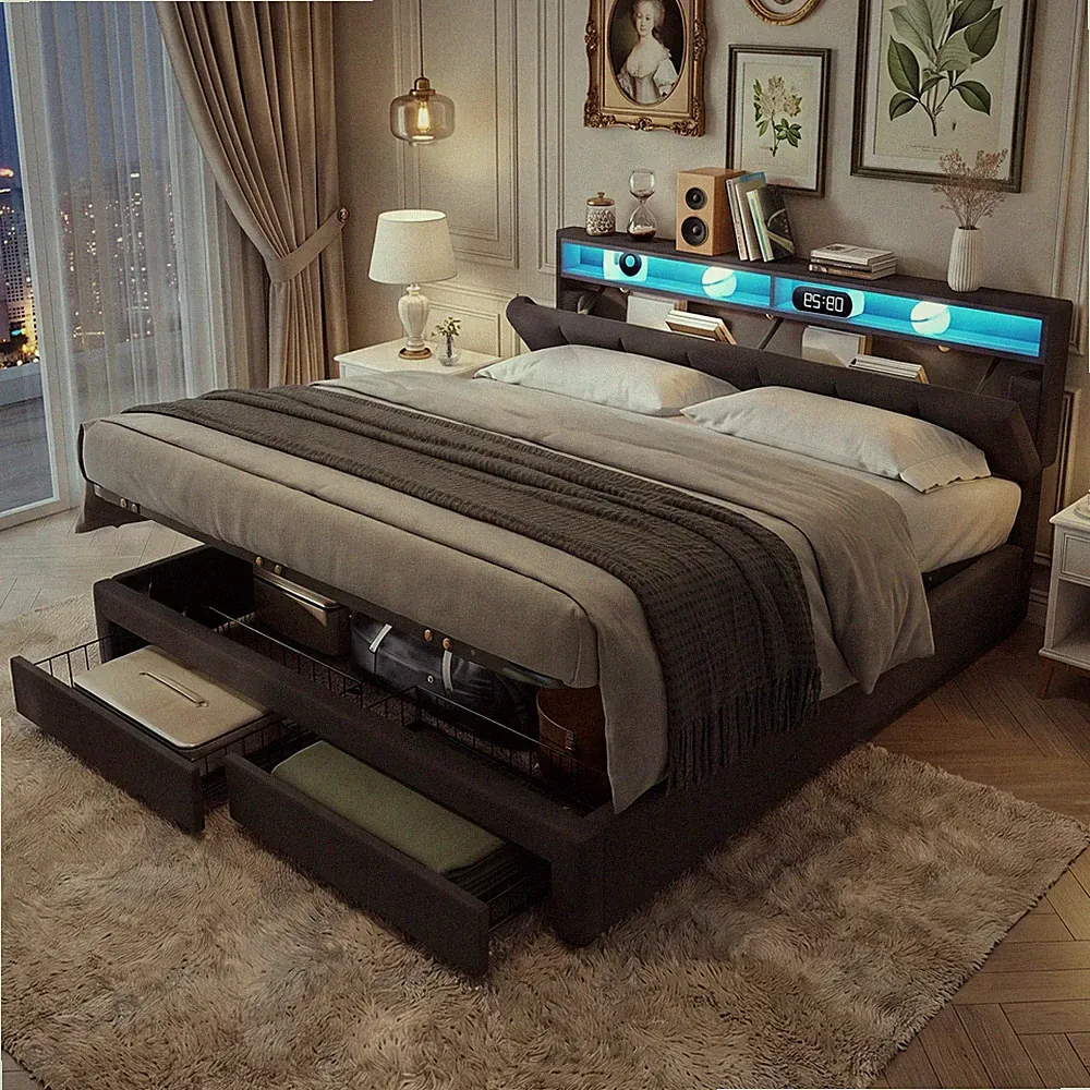 Polsterbett 160x200cm Doppelbett mit LED 2 Schubladen Boxspringbett Stauraumbett