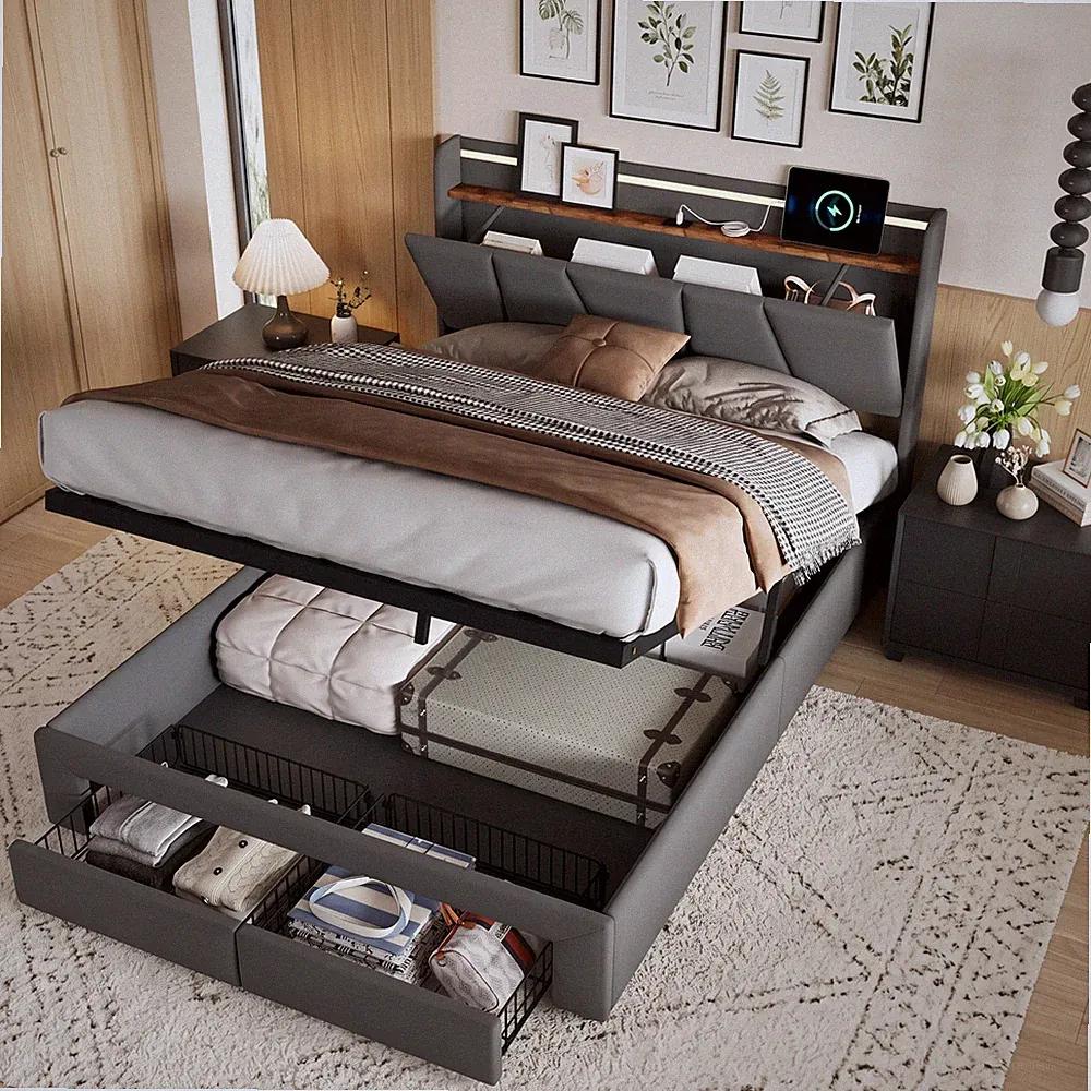 Polsterbett 160x200cm Doppelbett mit Schublade Stauraum Lattenrost Boxspringbett