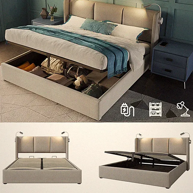 Polsterbett 160x200cm Doppelbett Stauraum mit Bettkasten Ladefunktion Leselicht