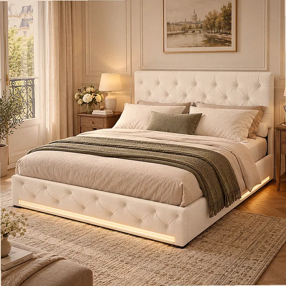 Polsterbett 160x200cm Doppelbett Stauraumbett Bettgestell mit Bettkasten und LED