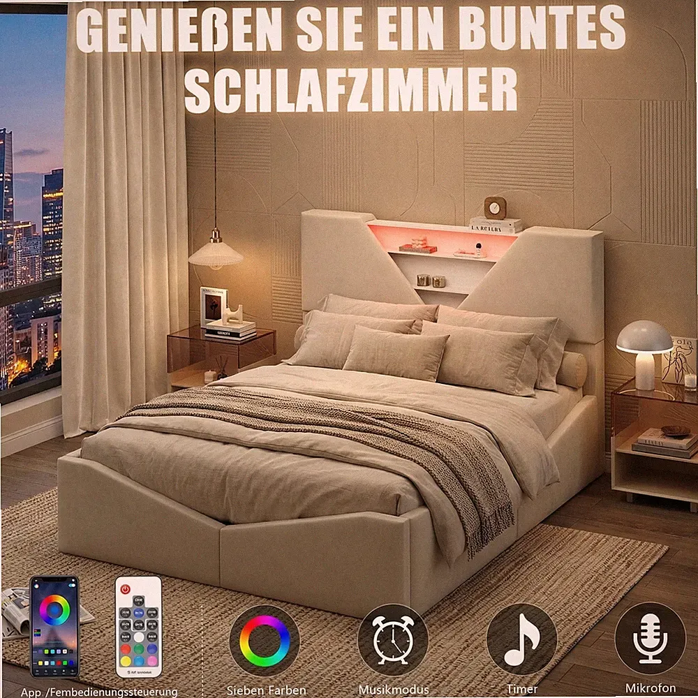 Polsterbett 160x200cm Doppelbett Stauraumbett Bettrahmen mit Lattenrost und LED