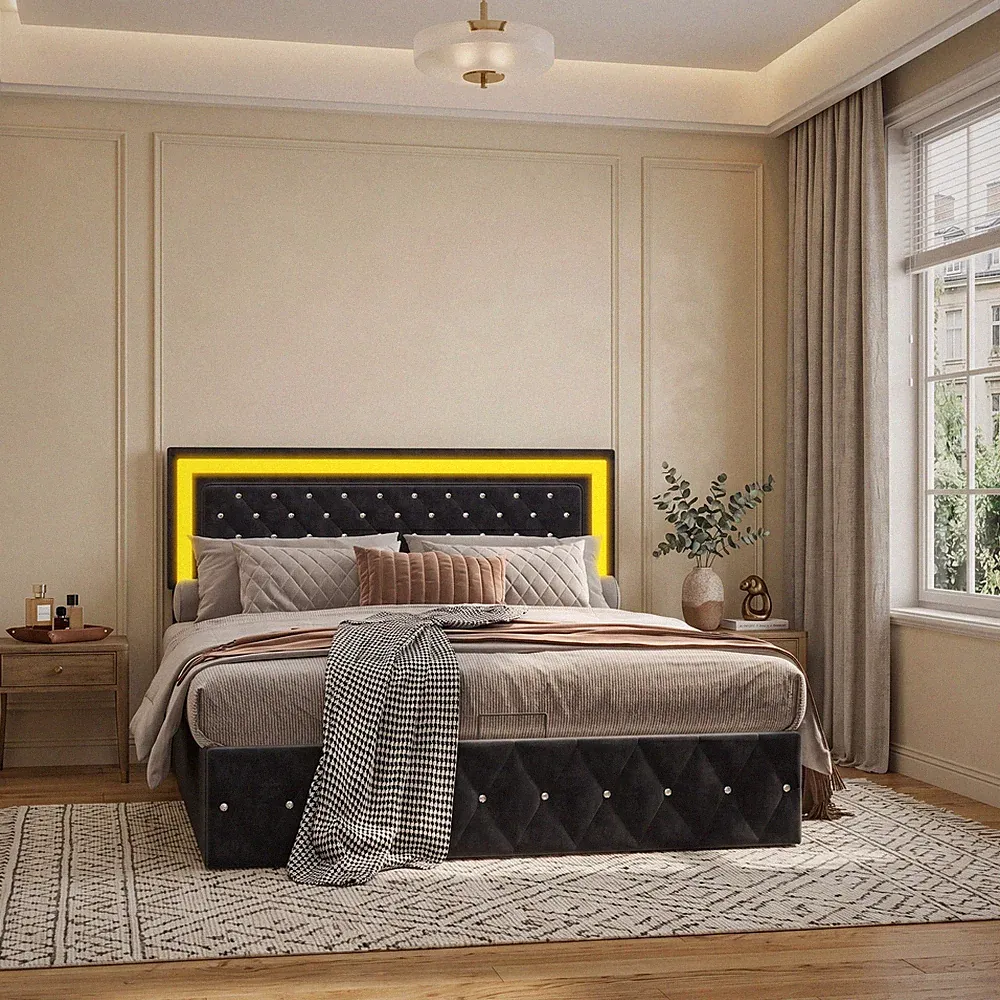 Polsterbett 160x200cm LED Beleuchtung Stauraumbett Boxspringbett mit Lattenrost