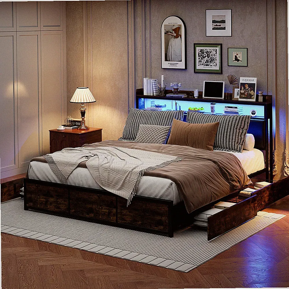 Polsterbett 160x200cm mit LED,Jugendbett Doppelbett mit Stauraum Lattenrost,PU