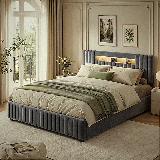 Polsterbett 160x200cm mit LED, Lattenrost Stauraum Doppelbett Boxspringbett Grau