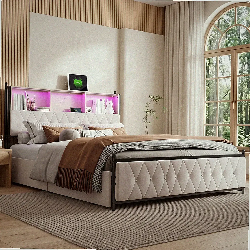 Polsterbett 180×200cm Doppelbett mit 4 Schubladen Stauraum, Lattenrost, LED, USB