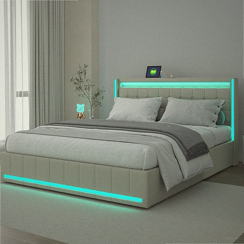 Polsterbett 180 x 200 cm Doppelbett mit 4 Schubladen mit LED/USB Stauraumbetten