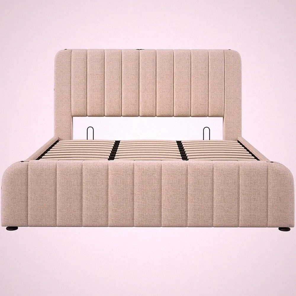 Polsterbett 180x200 Bett mit Bettkasten USB USB-C Leinenbett Gold Doppelbett