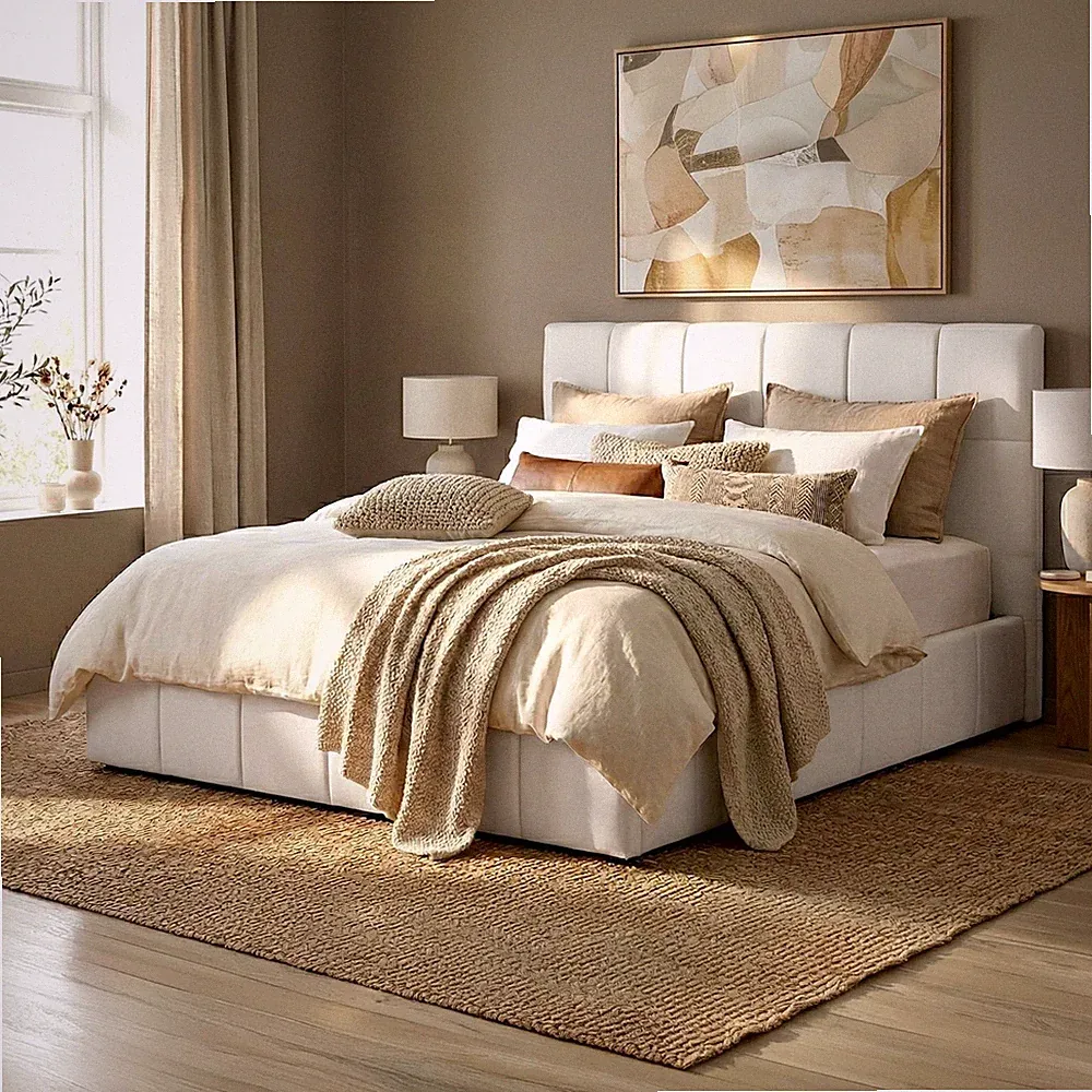 Polsterbett 180x200 cm creme mit Stauraum Komfortbett Ehebett Doppelbett NEU