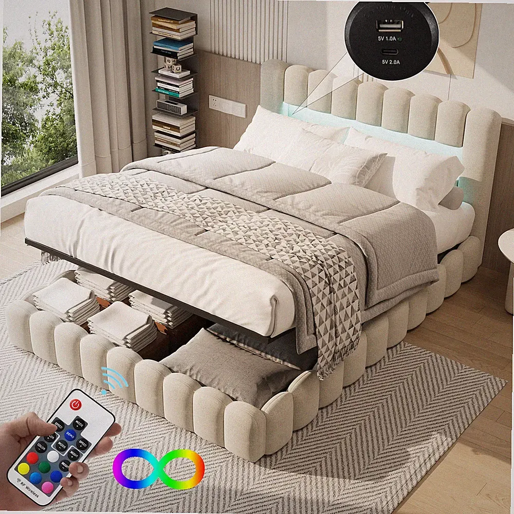 Polsterbett 180x200 cm Doppelbett Bettgestell mit Bettkasten Lattenrost, LED&USB