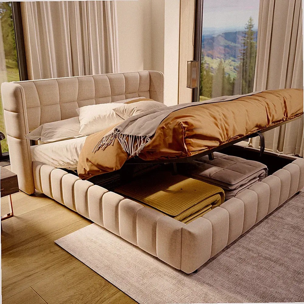 Polsterbett 180x200 cm Doppelbett mit Lattenrost und Stauraum, Beige
