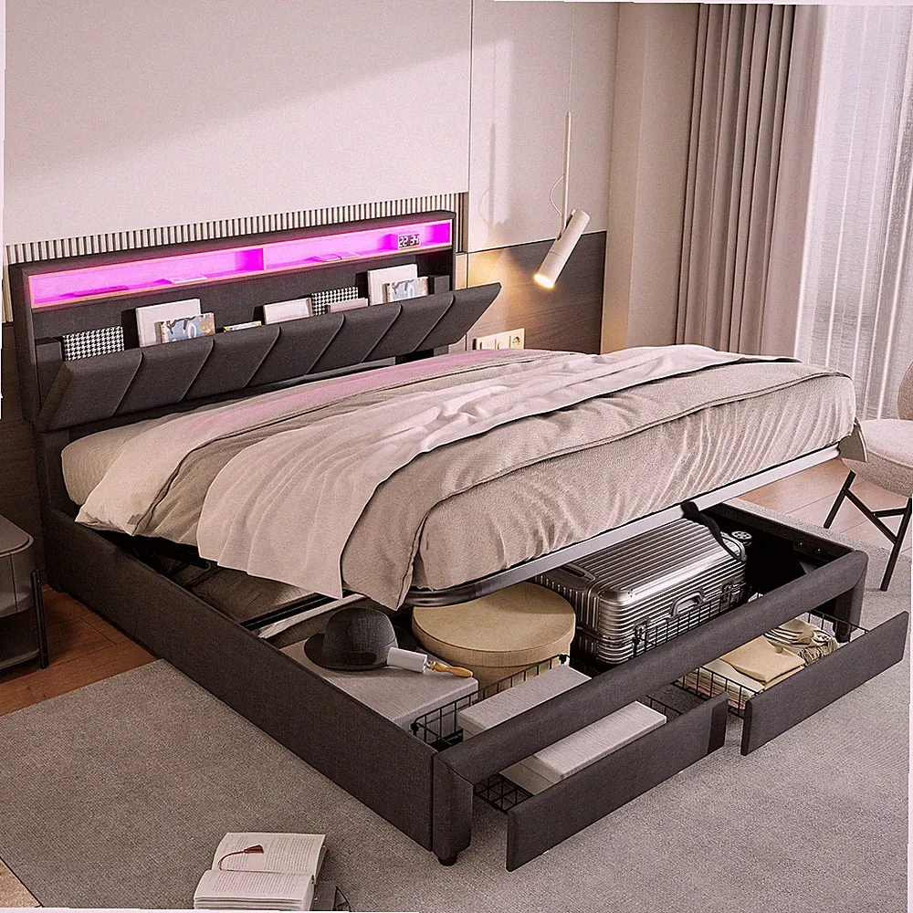 Polsterbett 180x200 cm Doppelbett mit LED Hydraulisch 2 Schubladen Stauraumbett