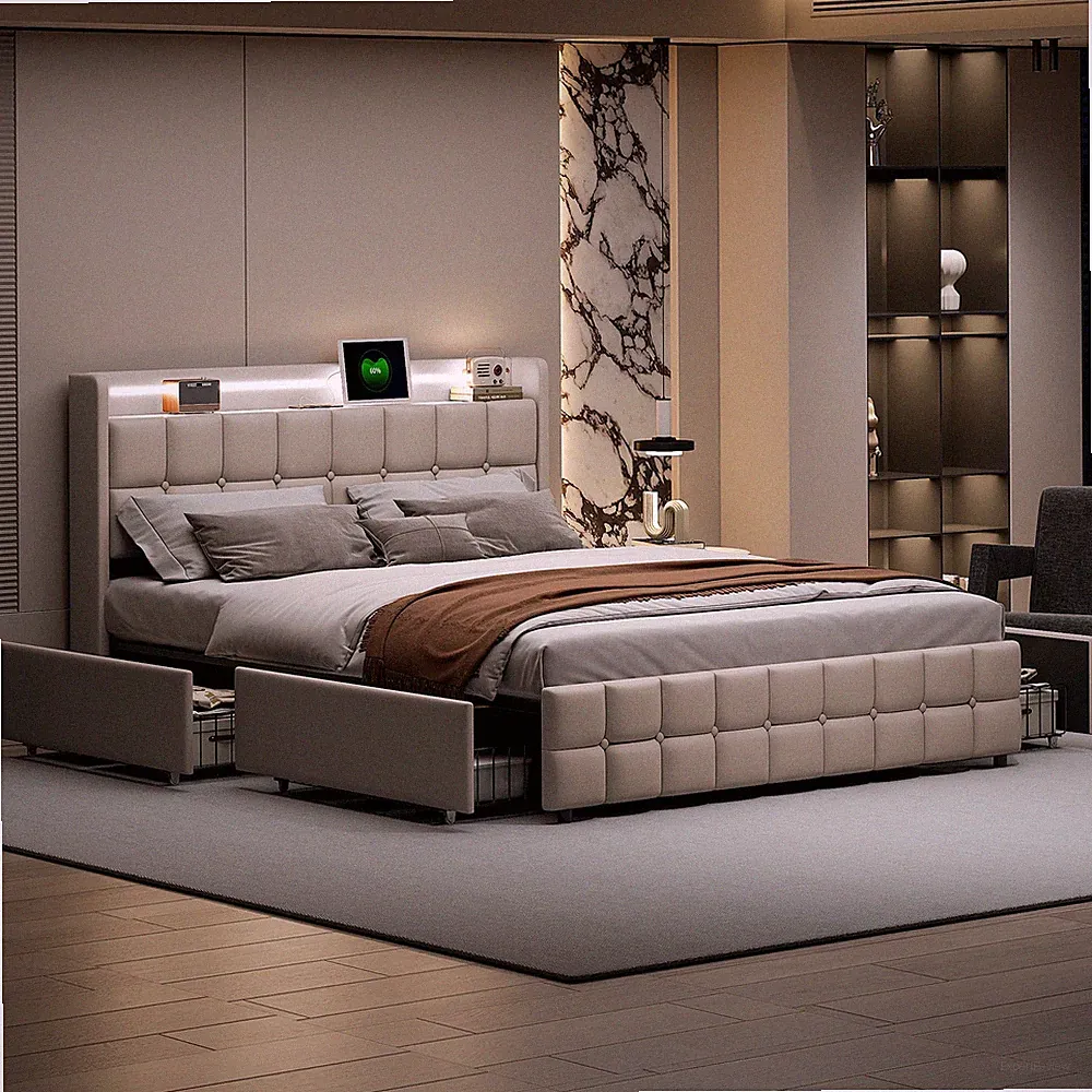 Polsterbett 180x200 cm mit LED und USB Bettgestell mit Lattenrost Stauraumbett