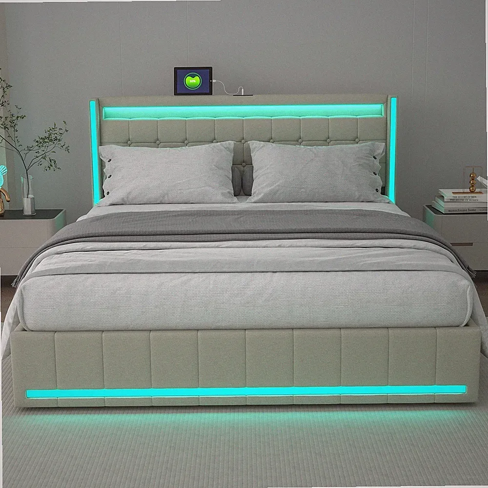 Polsterbett 180x200 cm Stauraum Bettgestell mit 4 Schubladen Doppelbett LED Bett