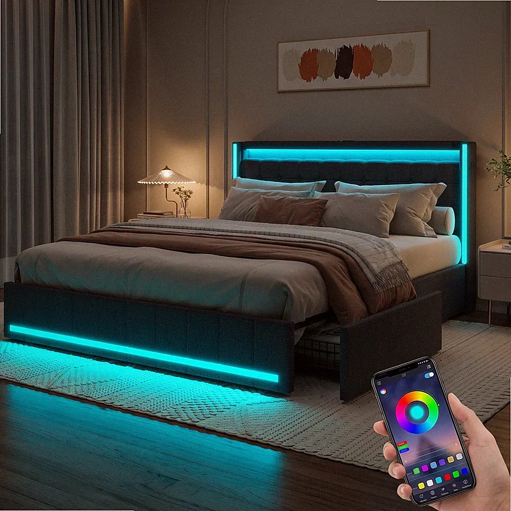 Polsterbett 180x200 Mit LED USB Lattenrost Stauraumbett Doppelbett Bettgestell