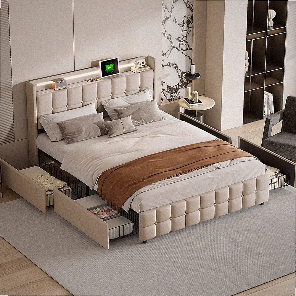 Polsterbett 180x200cm Bettkasten Schubladen mit LED&USB Stauraumbett Doppelbett