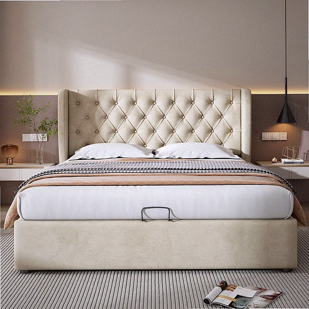 Polsterbett 180x200cm Doppelbett Hydraulisches Stauraumbett mit Lattenrost Beige