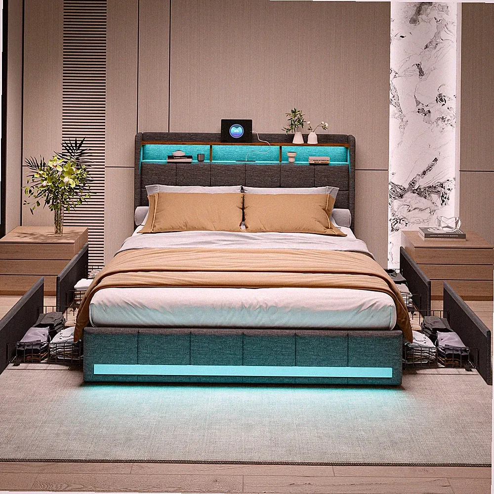 Polsterbett 180x200cm Doppelbett LED/USB Bettgestell mit 4 Schubladen Lattenrost